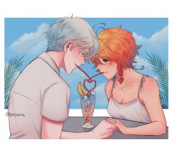 Rule 34 | 1boy, 1girl, bare shoulders, blue eyes, blue sky, breasts, cup, dress, drinking, drinking glass, drinking straw, emma (yakusoku no neverland), green eyes, green hair, highres, ice, ice cube, jewelry, juice, medium breasts, multicolored hair, norman (yakusoku no neverland), open mouth, orange hair, parfaitrine, ring, shirt, short hair, sky, white background, white dress, white shirt, yakusoku no neverland