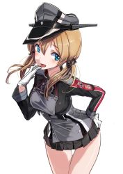 Rule 34 | 10s, 1girl, akasaai, aqua eyes, black skirt, blonde hair, blush, cross, gloves, hair ornament, hand on own hip, hat, iron cross, kantai collection, long sleeves, looking at viewer, low twintails, military hat, open mouth, peaked cap, pleated skirt, prinz eugen (kancolle), short hair, simple background, skirt, smile, solo, twintails, white background, white gloves