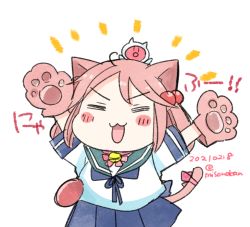 Rule 34 | 1girl, = =, animal ears, animal hands, arms up, badge, blue neckerchief, blue sailor collar, blue skirt, blush stickers, cat ears, cat tail, closed eyes, commentary request, creature on head, dated, gloves, hair bobbles, hair ornament, izumiyamisono, kantai collection, neckerchief, paw gloves, pink hair, sailor collar, sazanami (kancolle), school uniform, serafuku, short hair, simple background, skirt, smile, tail, twintails, white background