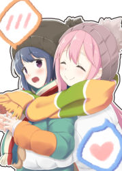 Rule 34 | 2girls, :d, ^ ^, beanie, blue hair, blush, closed eyes, closed mouth, coat, commentary request, from side, hat, head tilt, heart, highres, hug, hug from behind, kagamihara nadeshiko, kanchan (kanchan220), long sleeves, looking at viewer, multicolored coat, multiple girls, open mouth, outline, pink hair, purple eyes, scarf, shared clothes, shared scarf, shima rin, smile, spoken blush, spoken heart, striped clothes, striped scarf, white background, white coat, yurucamp