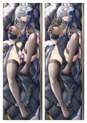 Rule 34 | 1girl, ass, azur lane, black thighhighs, blush, breasts, censored, china dress, chinese clothes, cleavage, clothing cutout, dakimakura (medium), dress, flower, gold trim, grabbing own breast, grey hair, hair between eyes, hair flower, hair ornament, hand fan, holding, holding fan, lace, lace-trimmed legwear, lace trim, lactation, lactation through clothes, large breasts, leg up, long hair, looking at viewer, mole, mole under eye, multiple views, naughty face, navel cutout, nipples, no panties, official alternate costume, red eyes, saint-louis (alluring administrator) (azur lane), saint-louis (azur lane), see-through, see-through cleavage, see-through dress, see-through legwear, sheer gloves, short sleeves, thighhighs, very long hair, white flower, xiao yao xiong (xy450425885)