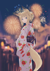 Rule 34 | animal ears, bag, batta (kanzume quality), blonde hair, blue eyes, blue sash, blunt bangs, blurry, blurry background, closed mouth, depth of field, fireworks, floral print, fox ears, fox girl, fox tail, from behind, hair ornament, handbag, holding, japanese clothes, kimono, purple kimono, long sleeves, looking at viewer, looking back, nib pen (medium), obi, original, sash, smile, solo, standing, tail, traditional media, wide sleeves