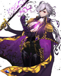 Rule 34 | 1boy, ascot, belt, cape, darkness, edmond dantes (fate), fate/grand order, fate (series), gloves, grey hair, hazuki-a, highres, holding, holding sword, holding weapon, long hair, male focus, purple cape, red eyes, saber (weapon), sword, the count of monte cristo (fate), weapon, white background, white gloves