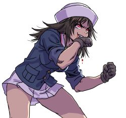Rule 34 | 1girl, alternate eye color, black eyes, black gloves, black hair, blood, blood from mouth, blue jacket, clenched hands, commentary, cowboy shot, dixie cup hat, girls und panzer, gloves, grin, hat, highres, jacket, leaning forward, long hair, long sleeves, military, military hat, military uniform, miniskirt, murakami (girls und panzer), muscular, muscular female, ooarai military uniform, pleated skirt, red eyes, simple background, skirt, sleeves rolled up, smile, solo, uniform, white background, white hat, white skirt, wiping mouth, yamashita shun&#039;ya