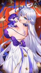 Rule 34 | 1girl, arm up, back tattoo, backless dress, backless outfit, bare back, bare shoulders, blue eyes, breasts, commentary request, cowboy shot, dress, gloves, grey hair, hair intakes, honkai: star rail, honkai (series), jg&amp;solin, large breasts, long hair, looking at viewer, microphone, open mouth, robin (honkai: star rail), solo, standing, star rail special pass (honkai: star rail), tattoo, very long hair, white dress, white gloves