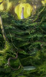 Rule 34 | 1girl, bayashiko, brown hair, day, dress, forest, from side, grass, green theme, highres, long dress, long hair, moss, nature, original, outdoors, plant roots, profile, scenery, snake, solo, tree, very long hair, white dress