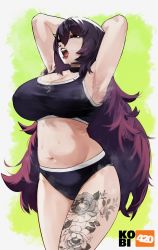 Rule 34 | 1girl, absurdres, armpits, arms behind head, arms up, belly, black choker, black eyes, black panties, black sports bra, border, breasts, choker, cleavage, closed eyes, curvy, flower tattoo, goth fashion, green background, highres, kobi420, large breasts, leg tattoo, lip piercing, long hair, messy hair, navel, nose piercing, nose ring, open mouth, original, panties, piercing, purple hair, purple lips, simple background, sleepy, solo, sports bra, standing, sweat, tattoo, thighs, underwear, very long hair, white border, yawning