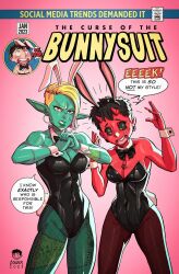 Rule 34 | 1boy, 2022, 2girls, animal ears, artist self-insert, bernhard binder, black bow, black bowtie, black hair, blonde hair, blue eyes, bow, bowtie, breasts, chest tattoo, cleavage, clenched teeth, colored skin, comic cover, cover, cover page, crossdressing, demon horns, detached collar, ear piercing, earrings, english text, fake animal ears, fake cover, fake tail, fishnet pantyhose, fishnets, green skin, hairband, heterochromia, highres, hoop earrings, horns, jewelry, large breasts, leotard, medium breasts, multicolored hair, multiple girls, open mouth, orange eyes, original, pantyhose, piercing, playboy bunny, plug (piercing), pointy ears, rabbit ears, rabbit tail, red hair, red skin, short hair, shoulder tattoo, signature, smile, solid eyes, tail, tattoo, teeth, two-tone hair, undercut, white hairband, wrist cuffs