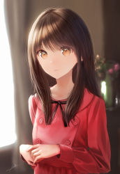 Rule 34 | 1girl, black hair, black ribbon, blurry, blurry background, brown eyes, curtains, dress, flower, highres, indoors, long hair, long sleeves, looking at viewer, neck ribbon, ojay tkym, original, own hands together, parted lips, plant, red dress, resolution mismatch, ribbon, solo, source larger, table, window