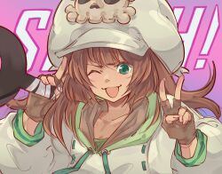 Rule 34 | 1girl, alternate color, anchor, brown gloves, brown hair, cabbie hat, fingerless gloves, gloves, green eyes, guilty gear, guilty gear strive, hat, hat ornament, highres, holding, holding anchor, hood, hoodie, long hair, long sleeves, looking at viewer, may (guilty gear), mil17459623, open mouth, skull and crossbones, skull hat ornament, smile, v, white headwear, white hoodie