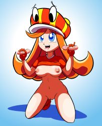 Rule 34 | 1girl, black eyes, blue background, blue eyes, bottomless, breasts, cappy (mario), cleft of venus, clothes lift, cum, cum in mouth, cum on tongue, disembodied penis, double handjob, erection, facial, full body, fuppy-jr, gloves, gradient background, handjob, hands up, hat, highres, kneeling, large breasts, legs apart, long hair, looking down, looking up, mario (series), mona (warioware), multiple penises, navel, nervous, nintendo, nipples, open mouth, orange hair, penis, pussy, red footwear, red gloves, red hat, red shirt, shirt, shirt lift, shoes, short sleeves, simple background, smile, solo, super mario bros. 1, super mario odyssey, teeth, tongue, tongue out, uncensored, warioware, white background