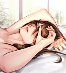 Rule 34 | 1girl, artist name, bed, bed sheet, beidou (genshin impact), brown hair, commentary, fingernails, genshin impact, head on arm, highres, indoors, lart art1, long hair, looking at viewer, lying, on back, on bed, one eye covered, parted lips, pillow, plant, red eyes, solo, teeth, window