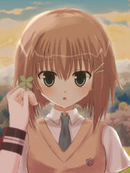 Rule 34 | 1girl, 1other, :o, blurry, blush, brown sweater vest, clover, collared shirt, commentary, day, depth of field, eyes visible through hair, four-leaf clover, green eyes, green necktie, hair between eyes, hair ornament, hairclip, highres, holding, holding clover, light brown hair, looking at viewer, mahigu re, mamiya hasaki, necktie, open mouth, outdoors, pov, pov hands, school uniform, shirt, short hair, short sleeves, solo focus, straight-on, subarashiki hibi, surprised, sweater vest, upper body, white shirt