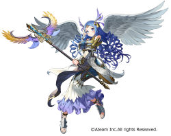 Rule 34 | 1girl, :3, blue eyes, blue hair, blush, breasts, copyright name, curly hair, dress, feathered wings, gaou (umaiyo puyoman), hair wings, head wings, highres, holding, holding staff, large breasts, long hair, matching hair/eyes, official art, sandals, simple background, smile, solo, staff, tiara, urd (valkyrie connect), valkyrie connect, watermark, white background, white dress, white wings, wings