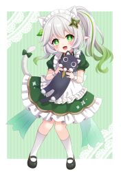 Rule 34 | 1girl, 1other, :d, alternate costume, animal, animal ears, animalization, apron, black cat, black footwear, cat, cat ears, cat girl, cat tail, commentary request, enmaided, frilled apron, frills, full body, genshin impact, gradient hair, green background, green eyes, hair between eyes, hair ornament, highres, holding, holding animal, kemonomimi mode, kneehighs, knees together feet apart, leaf hair ornament, long hair, looking at viewer, maid, maid apron, maid headdress, mary janes, multicolored hair, nahida (genshin impact), open mouth, pointy ears, scaramouche (cat) (genshin impact), scaramouche (genshin impact), shoes, short sleeves, side ponytail, sidelocks, simple background, smile, socks, standing, stardrop, streaked hair, symbol-shaped pupils, tail, two-tone hair, white apron, white hair, white socks, white wristband