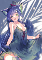 Rule 34 | 07touka25, animal ear fluff, animal ears, bare arms, black dress, blue hair, breasts, cleavage, clothes lift, dress, dress lift, fang, frilled dress, frills, green eyes, hair between eyes, hat, highres, large tail, long hair, medium breasts, open mouth, original, shadow, short eyebrows, sleeveless, sleeveless dress, spaghetti strap, standing, tail, top hat, very long hair