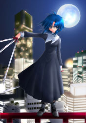 Rule 34 | 00s, 1girl, black keys (type-moon), blue hair, ciel (tsukihime), outdoors, short hair, sky, solo, standing on object, sword, tsukihime, weapon