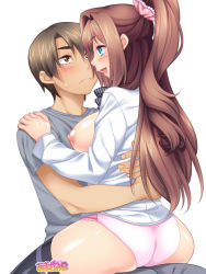 Rule 34 | 1boy, 1girl, amagamido, ass, black thighhighs, blue eyes, blush, breasts, breasts out, brown eyes, brown hair, closed mouth, couple, eye contact, frown, grey shirt, hair intakes, hetero, highres, hug, kumi (amagamido), long hair, looking at another, medium breasts, nipples, open mouth, original, panties, pink panties, shiny skin, shirt, side ponytail, sideboob, sitting, sitting on lap, sitting on person, smile, sweat, thighhighs, underwear, white background, white shirt