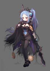 1girl between_breasts black_bodysuit black_cloak black_footwear black_gloves blue_hair blush bodysuit breasts cleavage cloak closed_mouth dungeon_and_fighter full_body gloves highres holding holding_polearm holding_weapon hwaryeok long_hair looking_down medium_breasts pointy_ears polearm ponytail purple_eyes solo standing standing_on_one_leg strap_between_breasts strapless_bodysuit torn_cloak torn_clothes very_long_hair weapon