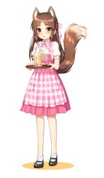 Rule 34 | 1girl, absurdres, animal ears, apron, black footwear, blush, bow, bowtie, brown eyes, brown hair, commentary request, drinking straw, food, fruit, full body, glass, go-1, hair bow, half updo, highres, holding, holding tray, idolmaster, idolmaster cinderella girls, lemon, lemon slice, lemonade, long hair, looking at viewer, mary janes, multicolored apron, multicolored bowtie, open mouth, parted bangs, pink apron, pink bow, pink bowtie, pink skirt, puffy sleeves, shirt, shoes, short sleeves, sidelocks, simple background, skirt, socks, solo, squirrel ears, squirrel girl, squirrel tail, standing, tachibana arisu, tail, tail raised, tray, waitress, white background, white shirt, white socks