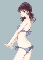 Rule 34 | 1girl, arched back, ass, bare back, bare shoulders, bikini, blue background, blue bikini, blue eyes, blunt bangs, blush, breasts, brown hair, butt crack, cowboy shot, flat ass, from side, hair tie, kashiwagi chisame, long hair, looking to the side, low twintails, original, side-tie bikini bottom, simple background, small breasts, smile, solo, standing, stretching, swimsuit, thighs, twintails