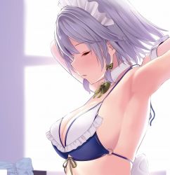 Rule 34 | 1girl, amisu, armpits, arms up, bikini, blue bikini, bow, bowtie, braid, breasts, closed eyes, commentary request, detached collar, frills, from side, green bow, green bowtie, hair bow, indoors, izayoi sakuya, large breasts, maid headdress, profile, short hair, silver hair, solo, swimsuit, touhou, twin braids, upper body