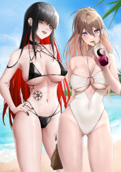 Rule 34 | 2girls, atelier (series), atelier live, bare hips, beach, bikini, black hair, blue eyes, body markings, breasts, brown hair, cleavage, cleavage cutout, clothing cutout, covered erect nipples, drinking, ear piercing, expulse, hand on own hip, highres, legs apart, looking at viewer, multicolored hair, multiple girls, multiple piercings, nanatsuki nana, nipple piercing, o-ring, o-ring bikini, piercing, red hair, smile, swimsuit, tan, tanline, tattoo, virtual youtuber, zenith (expulse)