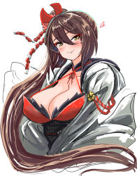Rule 34 | azur lane, blush, breasts, brown eyes, brown hair, cleavage, collarbone, flower, hair flower, hair ornament, heart, hey taisyou, highres, japanese clothes, kimono, large breasts, long hair, ponytail, smile, solo, upper body, very long hair, white background, zuikaku (azur lane)