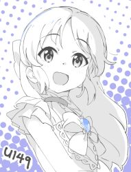 Rule 34 | 1girl, bow, brooch, commentary request, dress, hair bow, idolmaster, idolmaster cinderella girls, idolmaster cinderella girls u149, jewelry, long hair, looking at viewer, monochrome, mugenmaru, open mouth, short sleeves, sketch, smile, solo, spot color, tachibana arisu, two-tone background, upper body