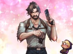 Rule 34 | 1boy, 1girl, beard, belt, blank eyes, blush, breasts, cleavage, comic, ermao wu, facial hair, green eyes, gun, highres, holding, holding gun, holding weapon, looking at viewer, male focus, mature male, merryweather, mustache, nose blush, open mouth, original, pants, shirt, standing, weapon, wrist cuffs