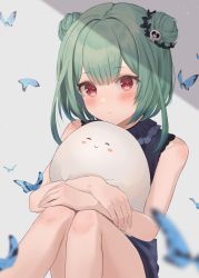 Rule 34 | 1girl, absurdres, arms on knees, black dress, blush, blush stickers, bug, butterfly, double bun, dress, fandead (uruha rushia), green hair, hair bun, hair ornament, hanazawa ma, highres, hololive, hug, insect, knees up, looking at viewer, red eyes, short hair, short hair with long locks, simple background, sitting, skull hair ornament, sleeveless, uruha rushia, uruha rushia (1st costume), virtual youtuber
