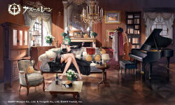 Rule 34 | 1girl, alternate breast size, alternate costume, artist request, azur lane, bare shoulders, black dress, bookshelf, bottle, bouquet, breasts, chandelier, cleavage, coat, couch, cup, dress, drinking glass, drunk, flower, flower in mouth, full body, green hair, high heels, holding, holding flower, indoors, instrument, jewelry, lamp, large breasts, littorio (azur lane), littorio (calabria aurea) (azur lane), long dress, long hair, manjuu (azur lane), monocle, necklace, official alternate costume, official art, piano, portrait (object), red eyes, rose, skindentation, strapless, strapless dress, tears, thigh strap, very long hair, white footwear, wine bottle, wine glass