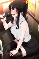 Rule 34 | 1girl, absurdres, akchu, alcohol, bare arms, bare shoulders, beer can, black hair, black nails, black skirt, black thighhighs, blush, bra strap, breasts, brown eyes, can, chobi (akchu), commentary request, drink can, from above, grey shirt, hair between eyes, hair ribbon, hand on own thigh, high ponytail, highres, holding, holding microphone, karaoke, large breasts, long hair, looking at viewer, microphone, miniskirt, music, nail polish, open mouth, original, poster (object), ribbon, shirt, sidelocks, singing, sitting, skirt, sleeveless, sleeveless shirt, solo focus, table, thighhighs, thighs
