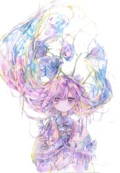 Rule 34 | 1girl, 2021, absurdres, blue hair, bug, butterfly, capelet, closed mouth, dated, dress, floating hair, flower, hair flower, hair ornament, hand on own stomach, highres, insect, kazuka, long hair, looking at viewer, multicolored hair, original, painting (medium), pink hair, purple capelet, purple dress, purple eyes, purple hair, signature, simple background, solo, straight-on, traditional media, upper body, watercolor (medium), white background