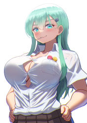 Rule 34 | 1girl, aqua eyes, aqua hair, black skirt, blush, breasts, bursting breasts, candy, cleavage, collarbone, collared shirt, commentary request, food, food in mouth, hair between eyes, hands on own hips, kantai collection, large breasts, lollipop, looking at viewer, maku ro, no bra, pleated skirt, school uniform, shirt, short sleeves, sidelocks, simple background, skirt, smile, solo, standing, suzuya (kancolle), taut clothes, taut shirt, white background, white shirt
