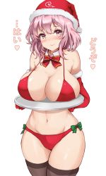 Rule 34 | 1girl, amagi (amagi626), bare shoulders, bikini, blush, bow, bowtie, breast rest, breasts, breasts on tray, carried breast rest, carrying, christmas, commentary request, cowboy shot, detached collar, elbow gloves, fur-trimmed gloves, fur trim, gloves, hat, heart, highres, large breasts, looking at viewer, navel, open mouth, pink eyes, pink hair, red bikini, red bow, red bowtie, red gloves, red hat, saigyouji yuyuko, santa bikini, santa hat, short hair, smile, solo, sparkle, standing, stomach, swimsuit, thighhighs, thighs, touhou, translation request, white background