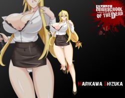 Rule 34 | 1girl, black bra, blonde hair, bouncing breasts, bra, breasts, character name, devil-v, covered erect nipples, g-string, high heels, highres, highschool of the dead, huge breasts, impossible clothes, lace, lace-trimmed bra, lace trim, legs, long hair, long legs, marikawa shizuka, microskirt, minidress, miniskirt, panties, pantyshot, sidelocks, skirt, solo, thigh gap, thighs, thong, underwear, upskirt, white panties, zoom layer