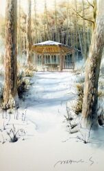 Rule 34 | bare tree, bench, branch, bush, forest, gazebo, highres, nature, no humans, original, painting (medium), scenery, shadow, shelter, shimizu megumi (m acquerello), table, traditional media, tree, watercolor (medium), wooden bench