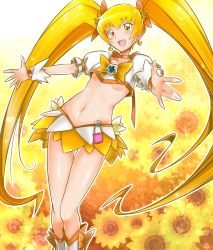 Rule 34 | 10s, 1girl, blonde hair, blush, bow, breasts, brooch, cure sunshine, flower, hair ribbon, heart, heart brooch, heartcatch precure!, highres, kagami uekusa, long hair, magical girl, midriff, myoudouin itsuki, navel, orange bow, outstretched arms, precure, ribbon, skirt, small breasts, solo, sunflower, thigh gap, twintails, underboob, yellow bow, yellow eyes
