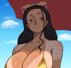Rule 34 | 1girl, absurdres, bikini, black hair, breasts, highres, large breasts, nico robin, one eye closed, one piece, simmsy, solo, sunglasses, swimsuit, tan