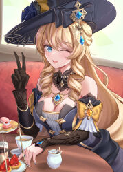Rule 34 | 1girl, bare shoulders, black bow, black gloves, black headwear, blonde hair, blue eyes, blush, bow, breasts, checkerboard cookie, cleavage, commentary, cookie, cup, dealesis, drill hair, drill sidelocks, food, fruit, genshin impact, gloves, hand up, highres, large breasts, long hair, navia (genshin impact), sidelocks, solo, strawberry, teacup, upper body, v, very long hair