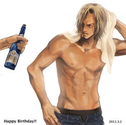 Rule 34 | 1boy, abs, arisue kanako, birthday, blonde hair, bottle, cigarette, dripping, facial hair, hair over one eye, male focus, mouth hold, muscular, one piece, sanji (one piece), simple background, solo, topless male, towel, unzipped, wet, white background
