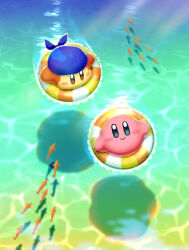 Rule 34 | aruco co, bandana, bandana waddle dee, blue bandana, blue eyes, blush, blush stickers, brown eyes, caustics, closed mouth, commentary request, fish, from above, highres, innertube, kirby, kirby (series), kirby and the forgotten land, looking at another, looking at viewer, looking up, nintendo, no humans, shadow, smile, swim ring, water