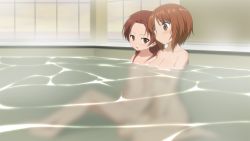 Rule 34 | 10s, 2girls, bathing, breasts, brown eyes, brown hair, censored, cleavage, convenient censoring, girls und panzer, kadotani anzu, medium breasts, moritan, multiple girls, nishizumi miho, nude, red hair, small breasts, water