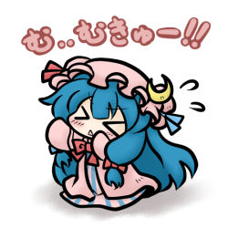 Rule 34 | &gt; &lt;, 1girl, alternate hair color, arms up, blue hair, blush, bow, bowtie, chibi, closed eyes, crescent, crescent moon, dress, female focus, flying sweatdrops, hands in opposite sleeves, hat, md5 mismatch, mob cap, moon, mukyuu, pajamas, patchouli knowledge, red bow, red bowtie, robe, simple background, solo, striped clothes, striped dress, sweatdrop, text focus, touhou, triangle mouth, v-shaped eyebrows, vertical-striped clothes, vertical-striped dress, white background, yanagi (nurikoboshi)