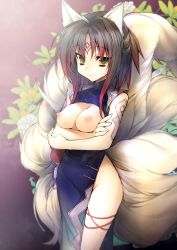 Rule 34 | 1girl, animal ears, breastless clothes, breasts, breasts out, brown hair, dress, facial mark, forehead mark, fox ears, fox tail, gradient hair, highres, kamitsurugi ouka, medium breasts, multicolored hair, multiple tails, nipples, no panties, original, red hair, side slit, solo, standing, tail, underboob, yellow eyes
