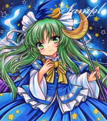 Rule 34 | 1girl, blue background, blue cape, blue hat, blue skirt, blue vest, blush, bow, bowtie, buttons, cape, closed mouth, crescent, embellished costume, floating hair, ghost tail, green eyes, green hair, hat, hat ribbon, head tilt, holding, holding staff, long hair, long sleeves, looking at viewer, marker (medium), mima (touhou), ribbon, rui (sugar3), sample watermark, shirt, skirt, smile, solo, staff, star (symbol), star print, sun print, touhou, touhou (pc-98), traditional media, very long hair, vest, watermark, white ribbon, white shirt, wide sleeves, wizard hat, yellow bow, yellow bowtie