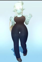 Rule 34 | blue skin, colored skin, cyana, closed eyes, facing viewer, highres, p.m. seymour, pointy ears, romper, smile, thick thighs, thighs, waving, white hair