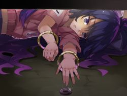 Rule 34 | 1girl, bangle, blue eyes, blue hair, bow, bracelet, clenched hand, coin, debt, glint, hair between eyes, hair bow, hood, hoodie, jewelry, letterboxed, long hair, looking at viewer, lying, midriff, navel, on ground, on side, open mouth, pink hoodie, piyodesu, reaching, short sleeves, solo, touhou, upper body, very long hair, yorigami shion