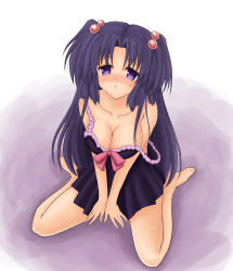 Rule 34 | 00s, 1girl, barefoot, blue hair, blush, breasts, clannad, cleavage, hair bobbles, hair ornament, ichinose kotomi, kneeling, legs, long hair, muguru, nightgown, pout, purple eyes, solo, strap slip, twintails, two side up